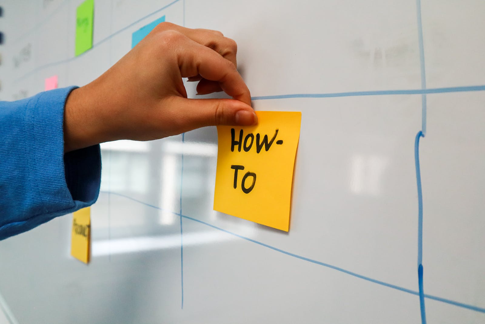 Person sticking a post-it on a white board with the words "How to" written on it